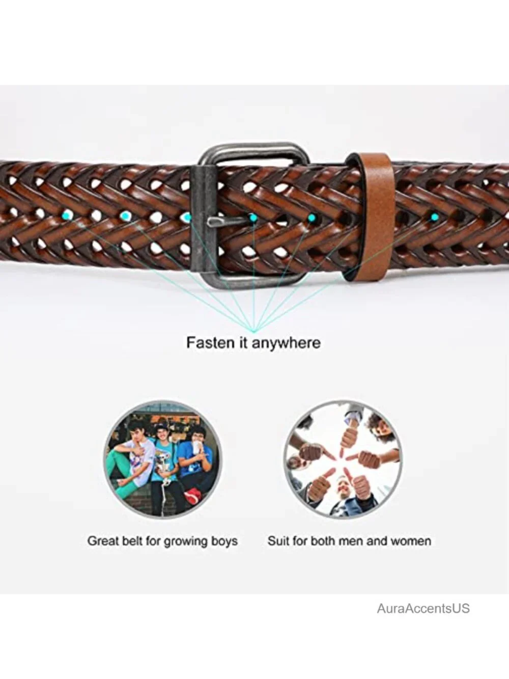 Men's Leather Braided Belt 1.3 Inch Wide Prong Buckle Woven